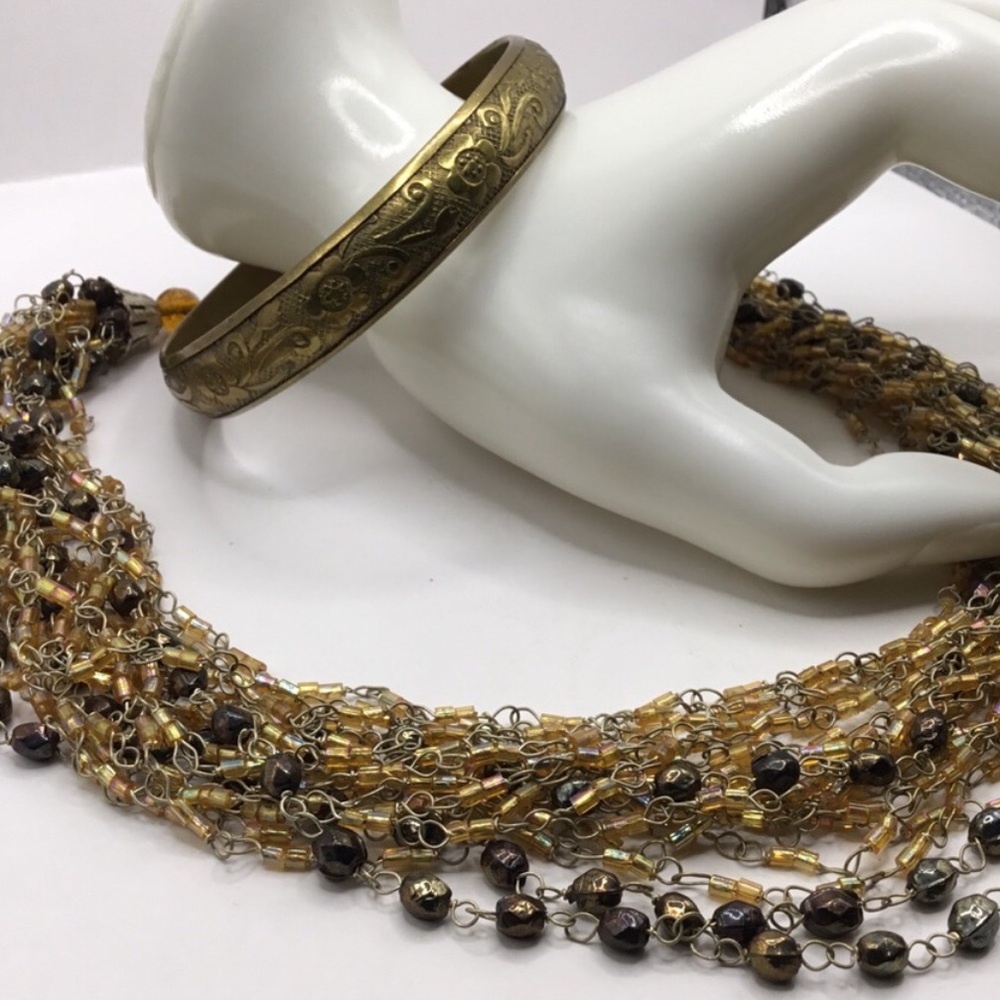 Vintage 20-Strand Glass Beaded Necklace with Matching Embossed Bangle